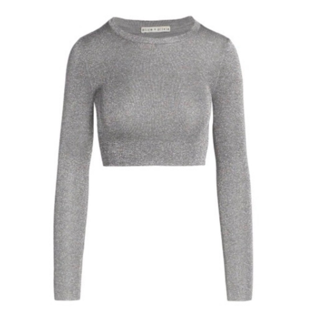 Alice + Olivia Ciara Metallic Cropped Sweater 
 in Silver Metallic